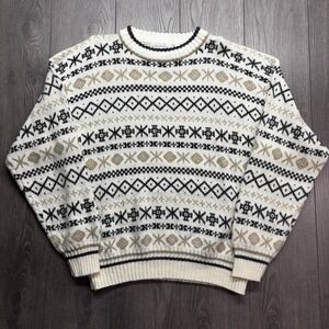 Vintage Club International Mens XL Fair Isle Knit Sweater Cream Black Cottage